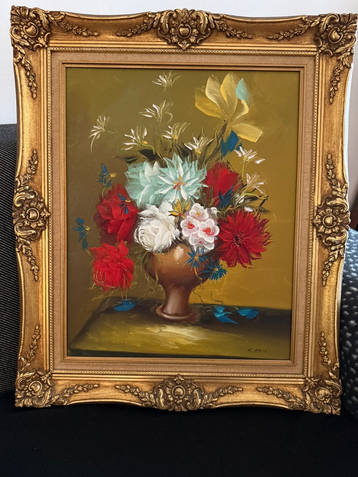 Bloemen schilderij op doek, barok lijst, vintage, brocante, Ophalen of Verzenden