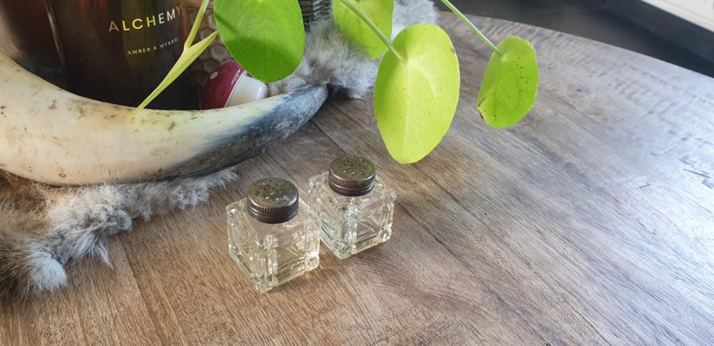 Vintage zout- en peperstel van glas, Antiek en Kunst, Ophalen of Verzenden