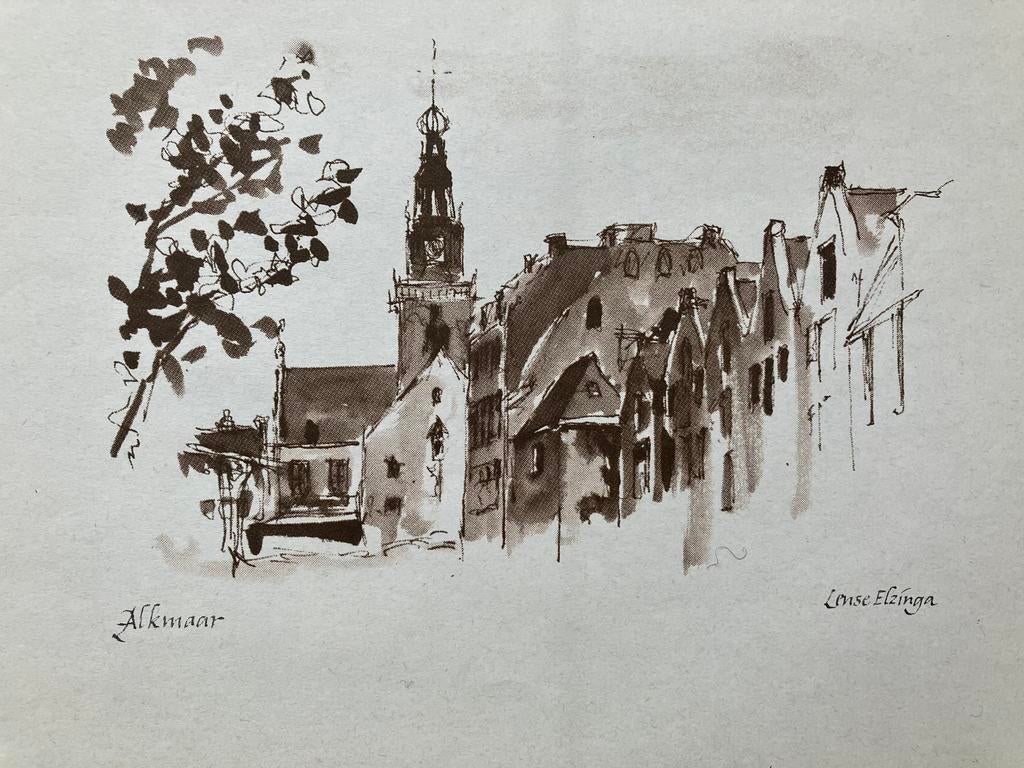 Lense Elsinga tekening van Alkmaar offset print izgs, Antiek en Kunst, Kunst | Etsen en Gravures, Ophalen of Verzenden, Stadsgezicht