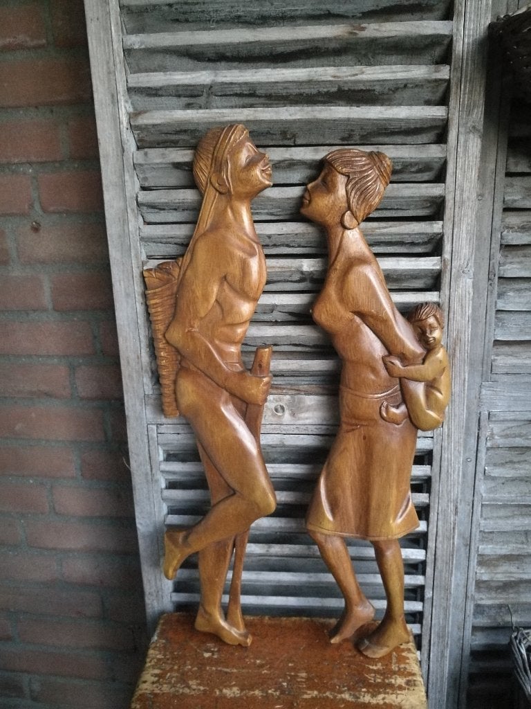 Twee teak figuren vintage houtsnijwerk mensfiguren, Houtsnijwerk, Art nouveau, Ophalen of Verzenden, Handgemaakt