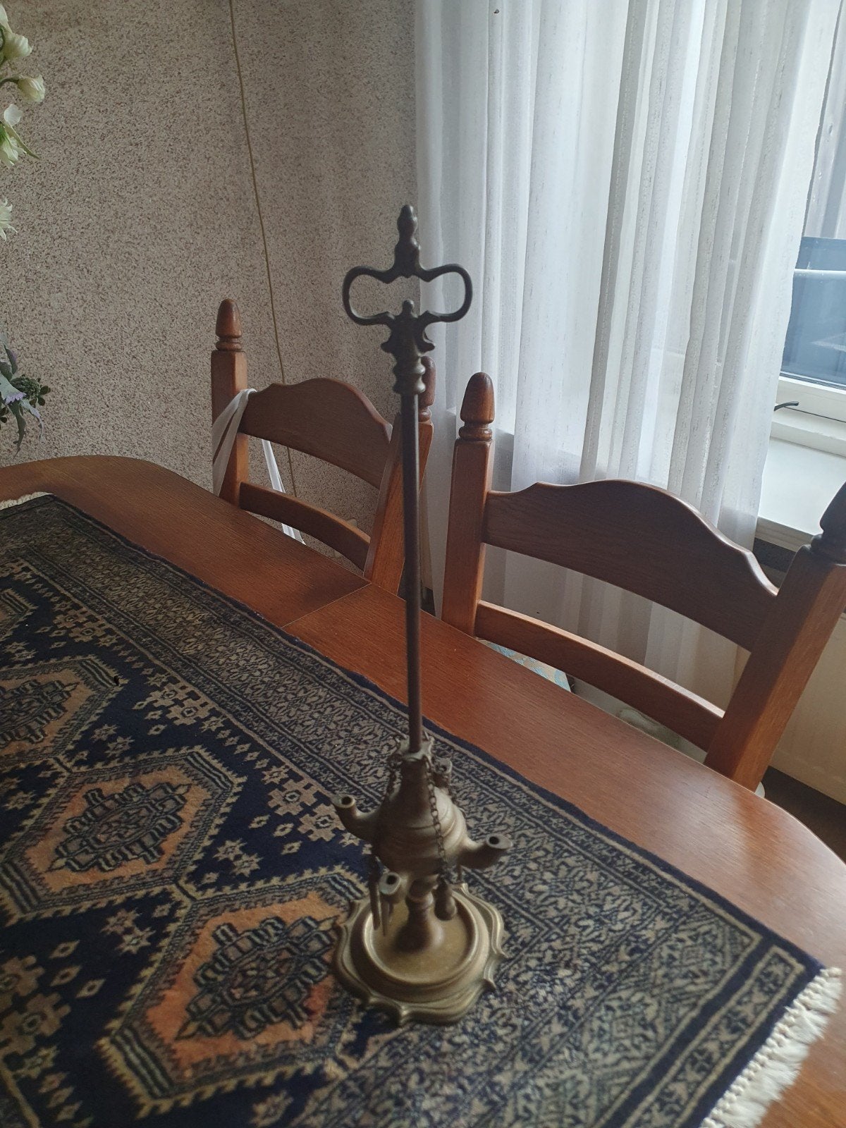 Antiek koperen olielamp met attributen, type snotneus, Ophalen of Verzenden
