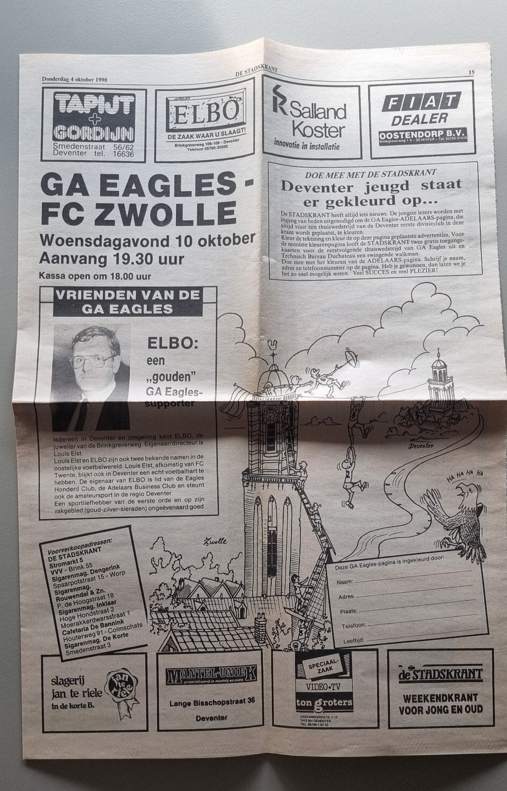 Krantenpagina GA Eagles - FC Zwolle (1990), Verzamelen, Ophalen of Verzenden, Zo goed als nieuw, Overige binnenlandse clubs, Overige typen