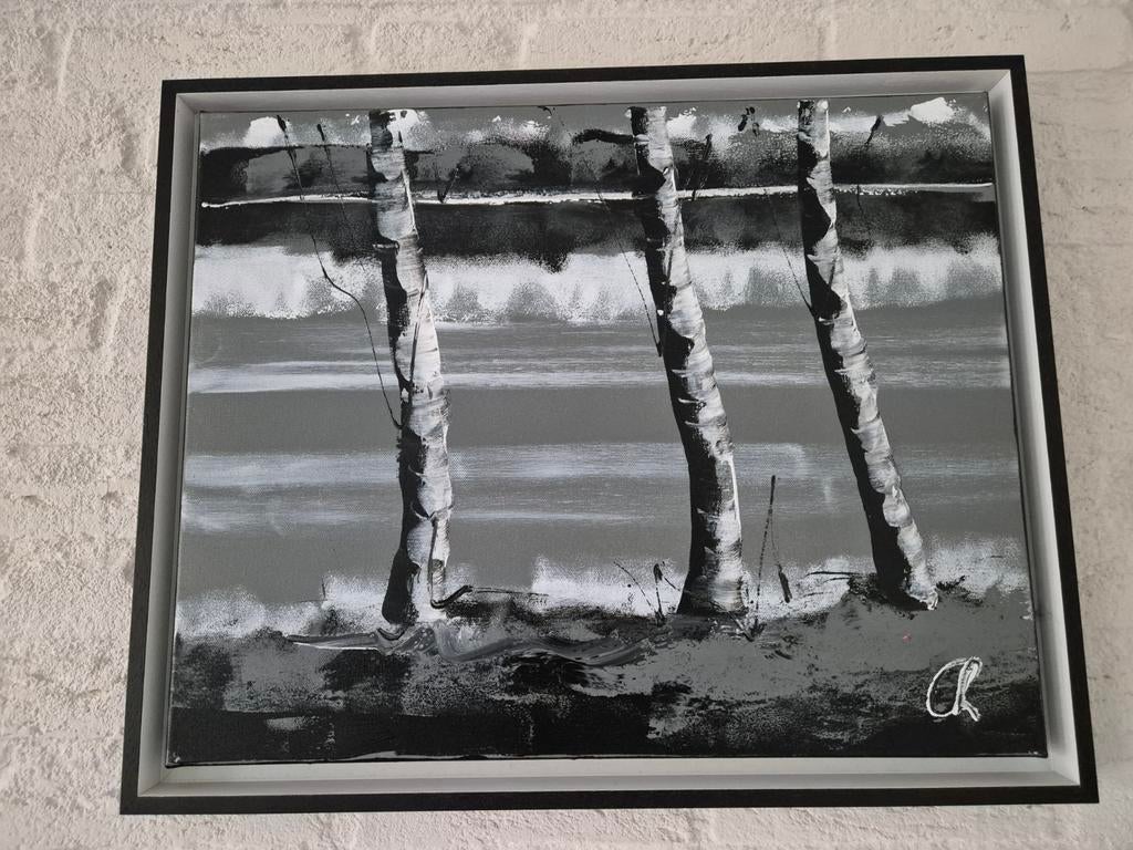Schilderij met berken grijs wit zwart, Antiek en Kunst, Kunst | Tekeningen en Foto's, Ophalen of Verzenden