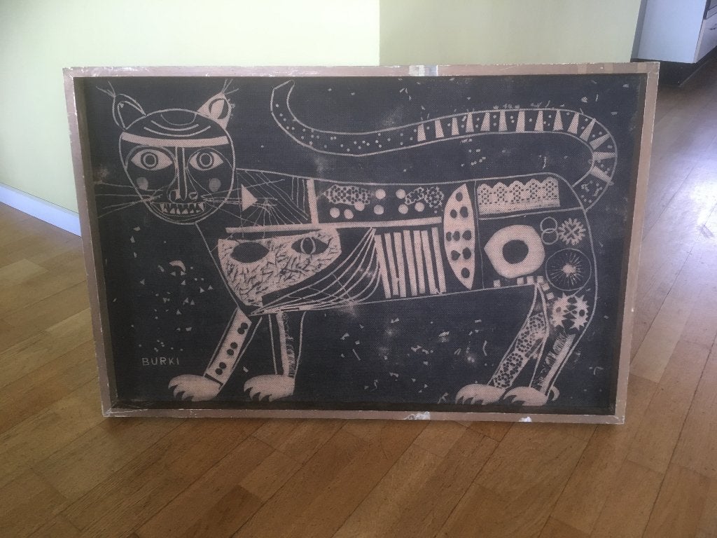 Tijger BURKI zeefdruk op linnen ca 1965, Ophalen of Verzenden, Lithografie, Dieren en Natuur, Gesigneerd in de plaat