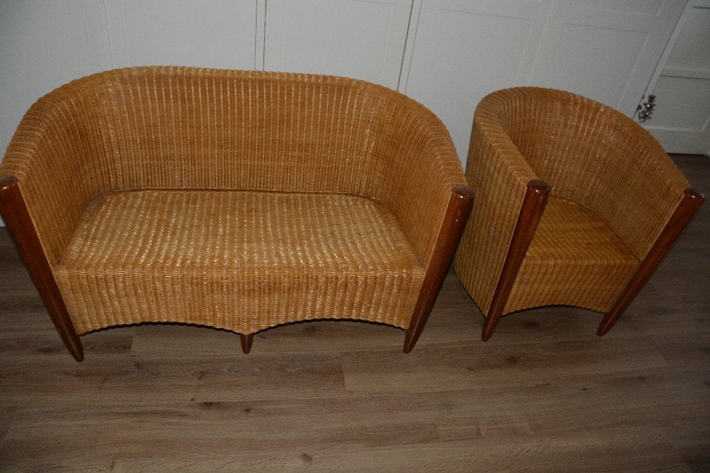 Set van rotan bank en stoel voor binnen, Ophalen, Gebruikt, Minder dan 75 cm, Tweepersoons