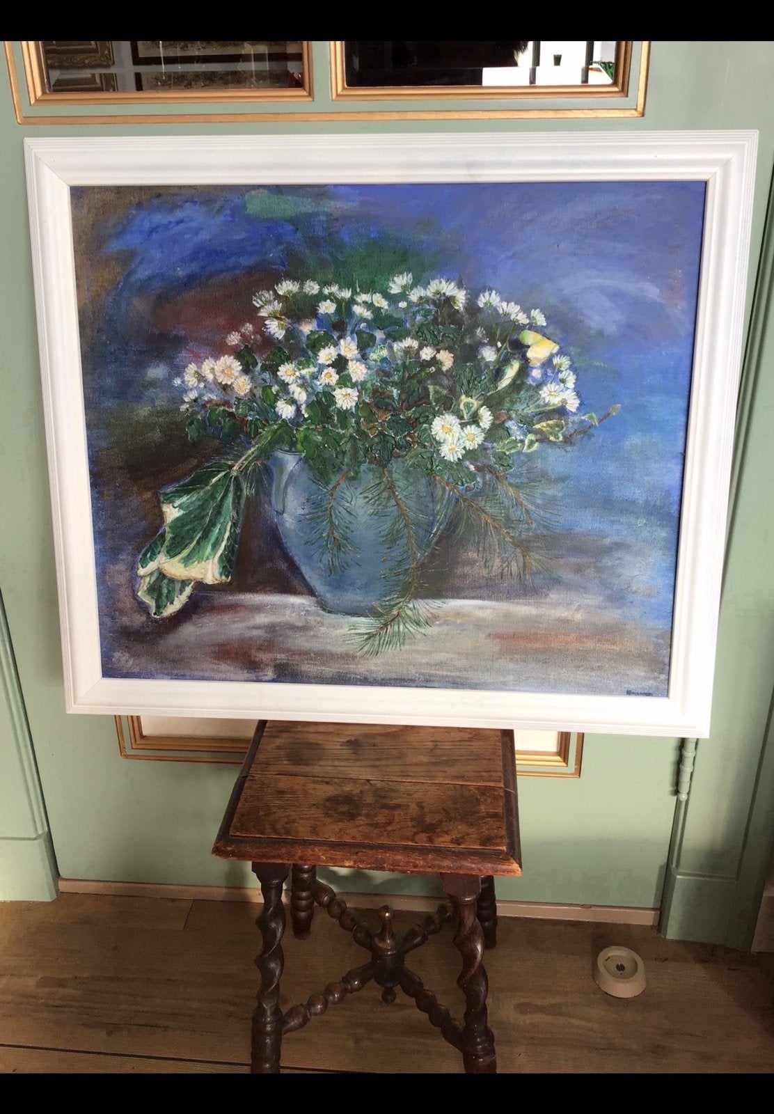 Groot schilderij (58 x 68) in groen / blauw tinten, bloemen., Ophalen