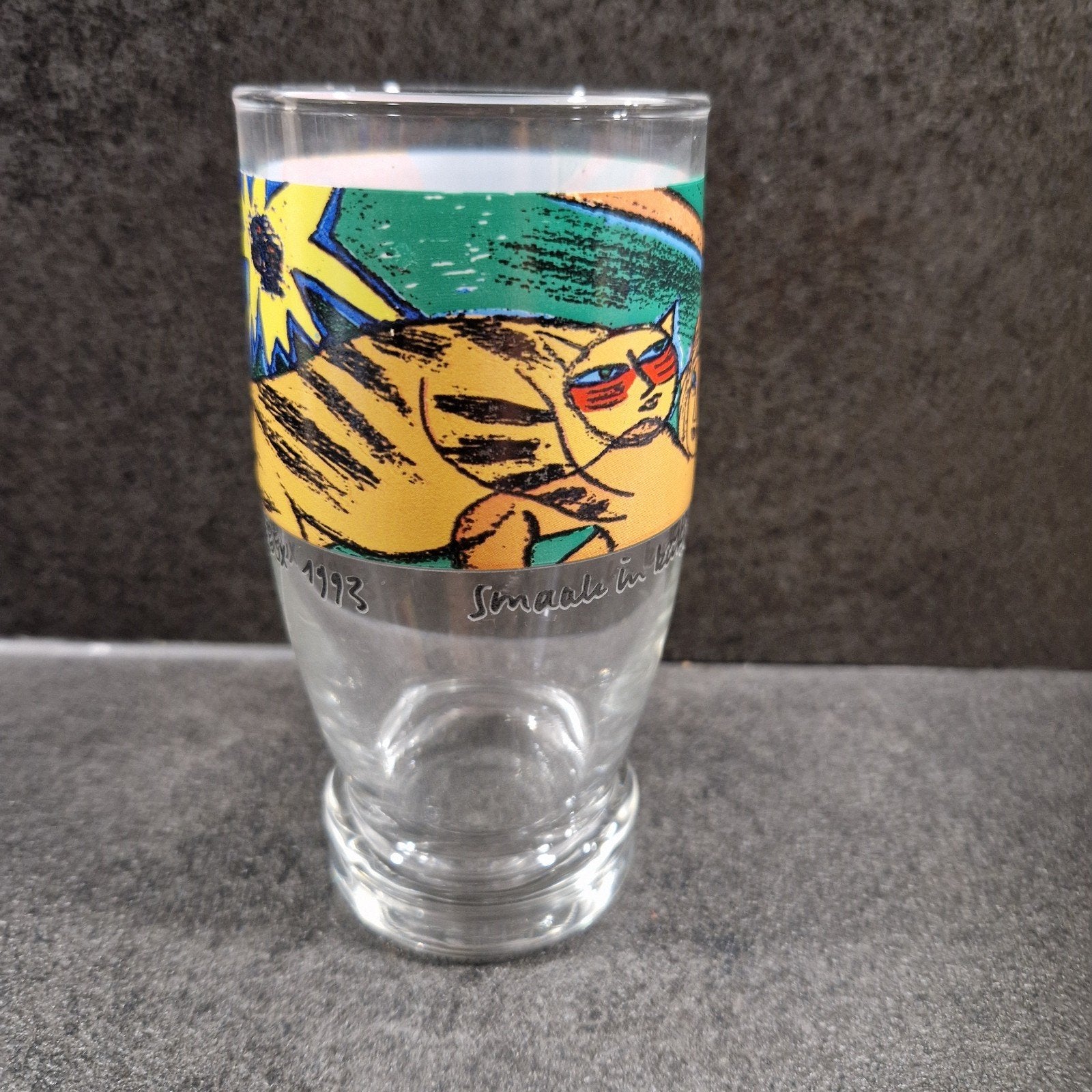 Vintage Glas met Kattenprint - Le Tigre Amoureux 1993, Vintage, Meerkleurig, Ophalen of Verzenden, Zo goed als nieuw