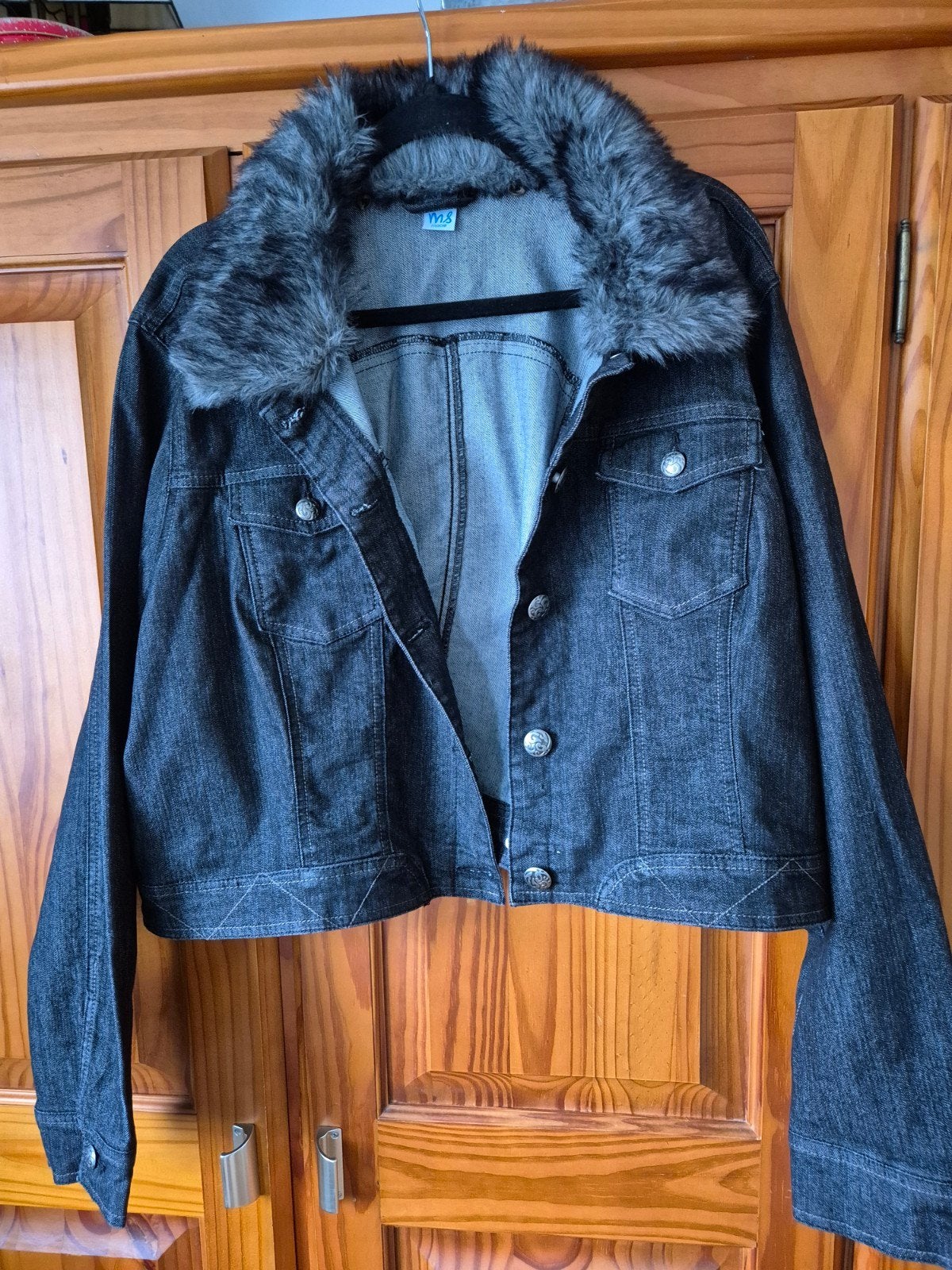Stoer zwart spijkerjasje, afneembare bontkraag. Ms maat 52, Kleding | Dames, Zwart, Ophalen of Verzenden, Zo goed als nieuw, MS Mode