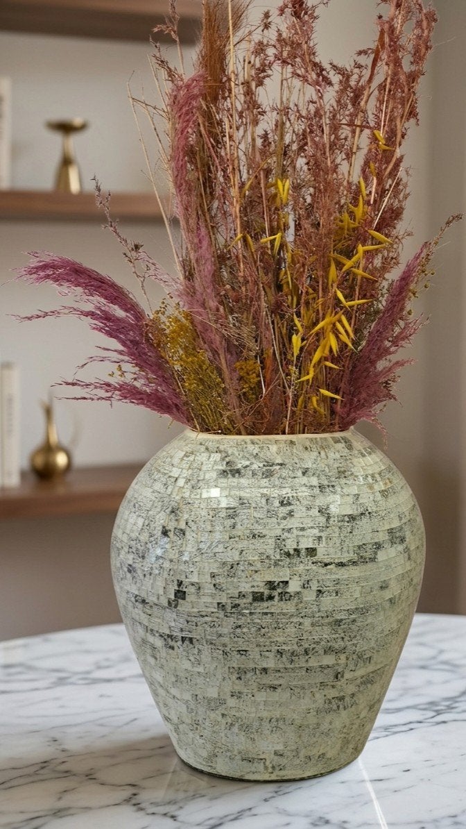 Grote Mozaïek Glitter Spiegel Vaas met Droogbloemen, Ophalen, Overige materialen, Zo goed als nieuw, Met patroon/structuur