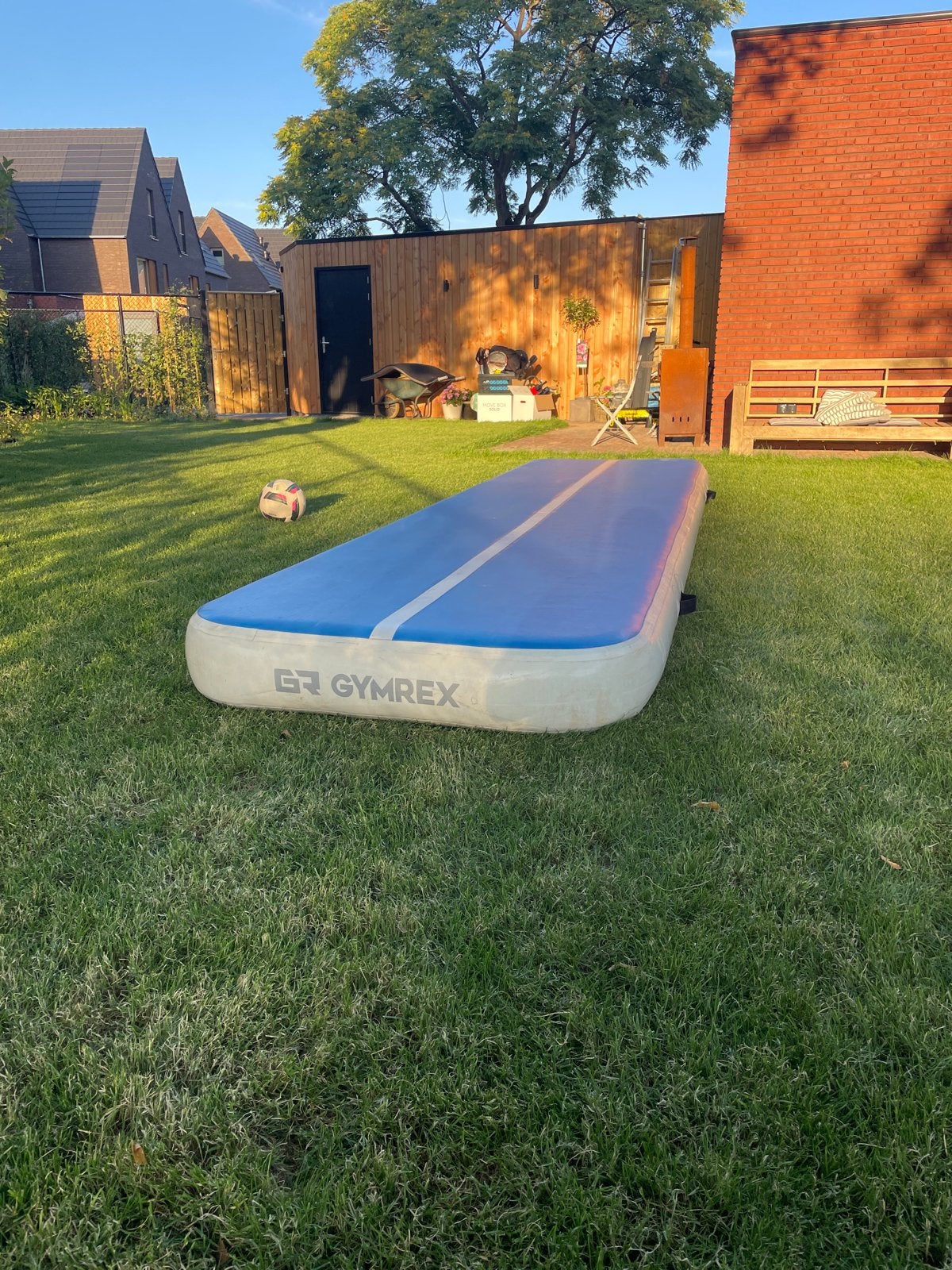 Airtrack 4 meter met pomp - Gymrex, Sport en Fitness, Ophalen of Verzenden, Zo goed als nieuw, Blauw, Materiaal