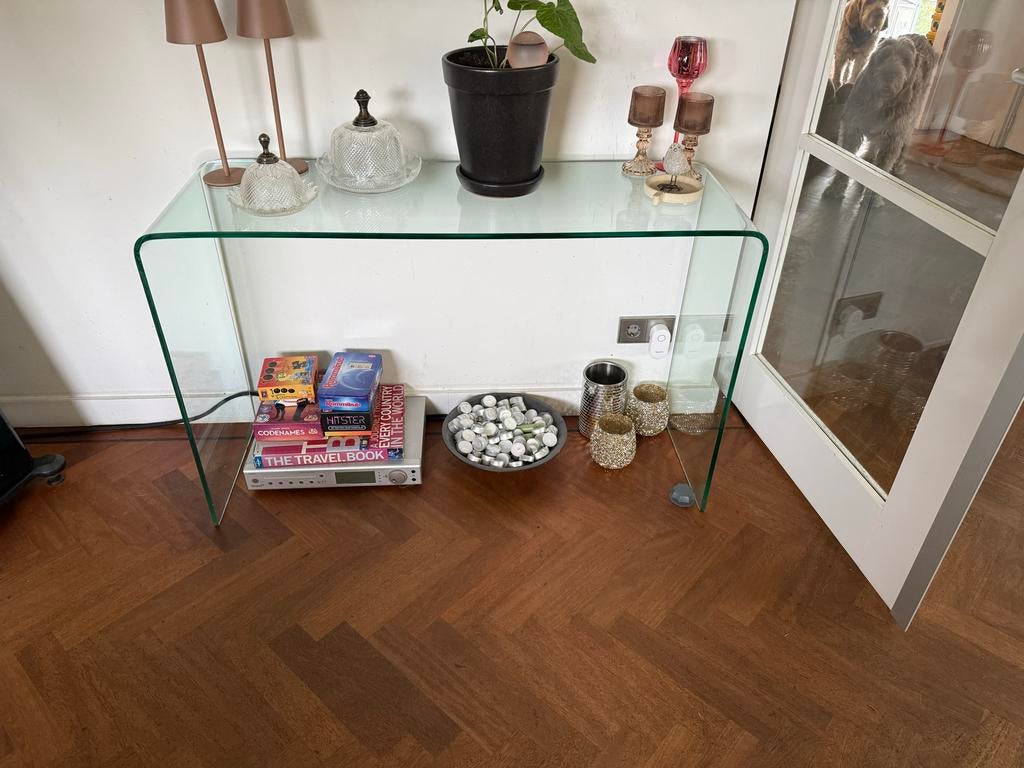 Moderne Glazen Sidetable / Console Tafel, Ophalen, 100 tot 150 cm, Glas, Zo goed als nieuw