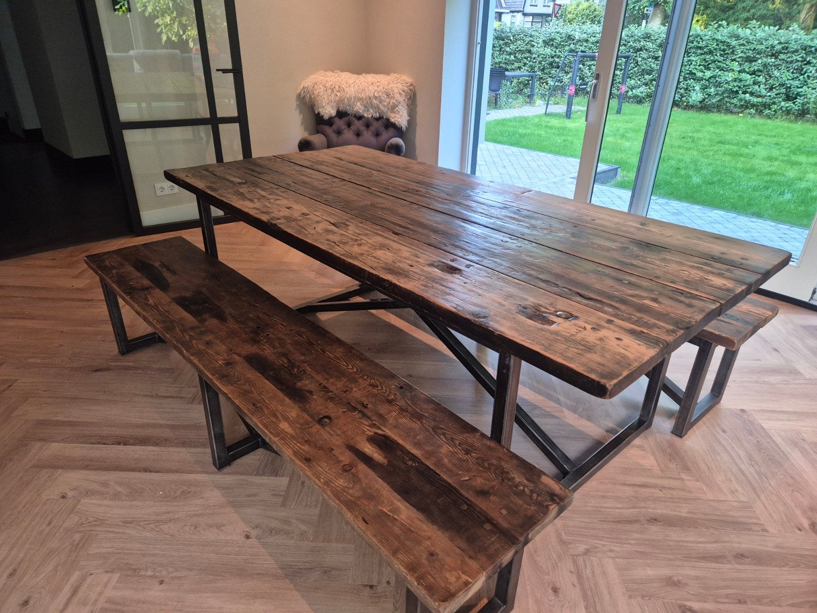 Houten / Metalen Timothy Oulton axel eettafel 213 x 105, Huis en Inrichting, Tafels | Eettafels, Overige houtsoorten, Gebruikt