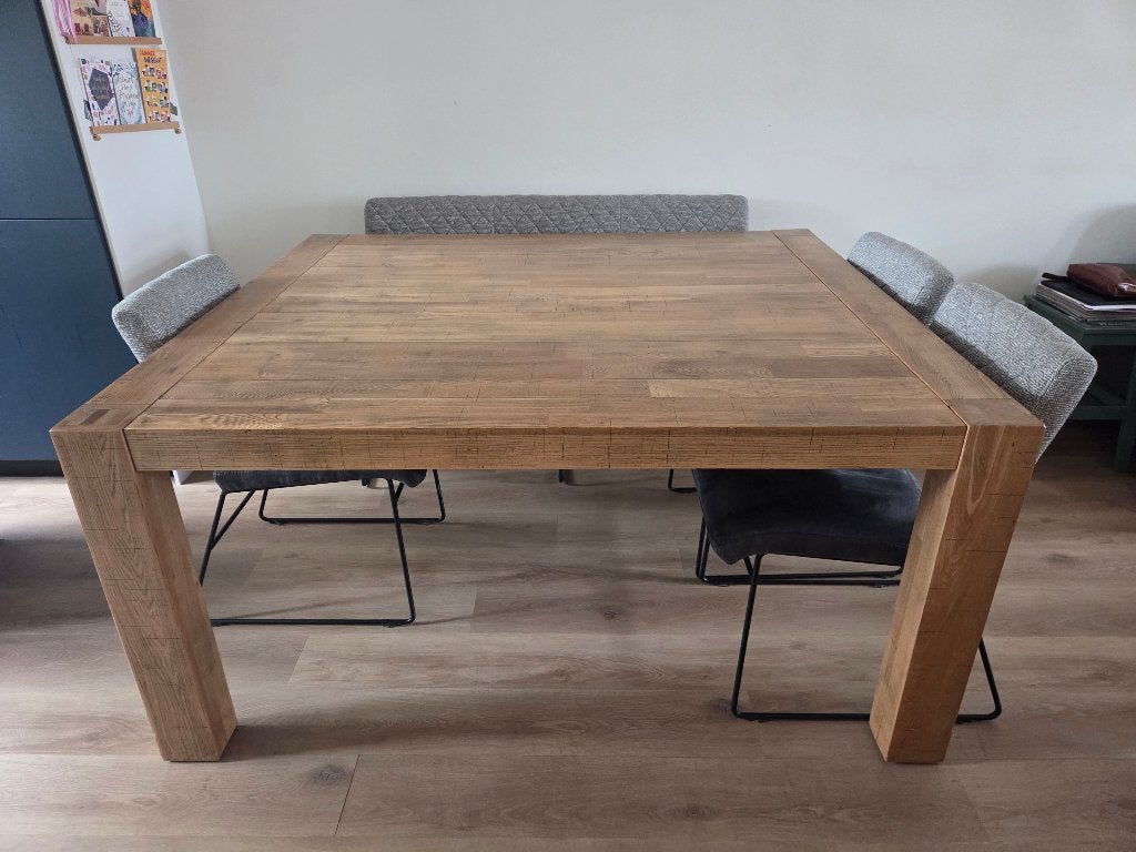 Eettafel en bijpassende salontafels, Ophalen, Gebruikt, 100 tot 150 cm, Vierkant