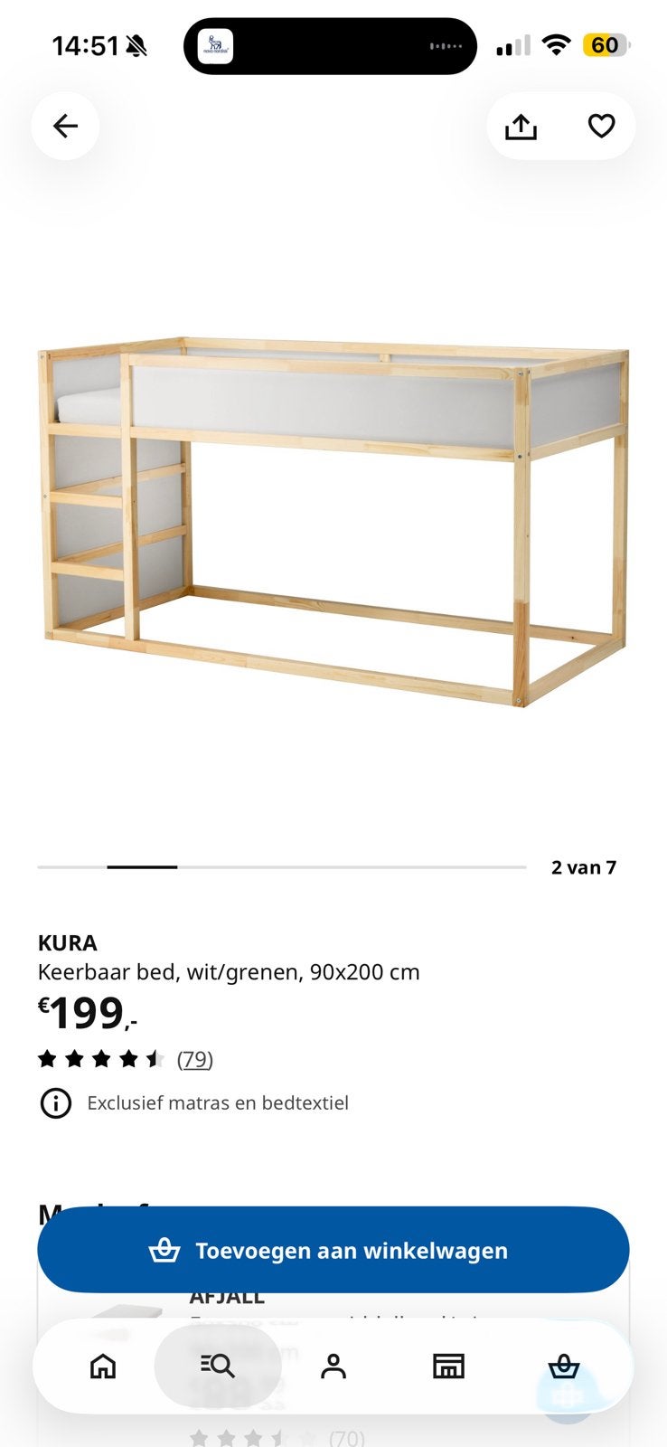 Kura hoogslaper, Ophalen, Eenpersoons, Zo goed als nieuw, 90 cm