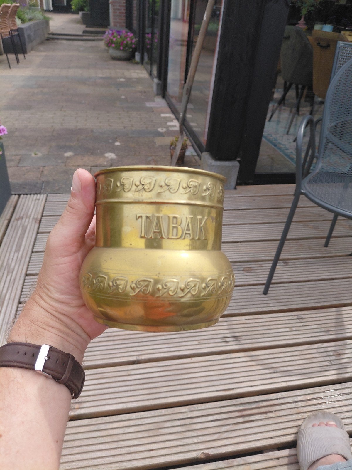 Antieke Koperen Tabakspot met 'TABAK' inscriptie, Ophalen of Verzenden, Koper