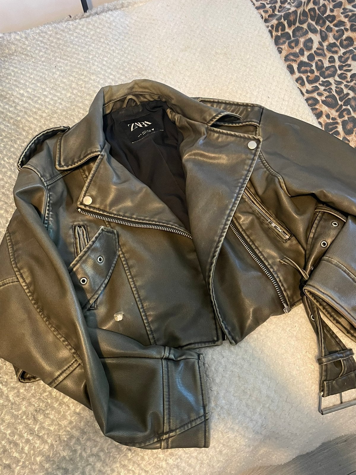 Zara leren jas groen, Kleding | Dames, Ophalen of Verzenden, Gedragen, Maat 36 (S), Groen
