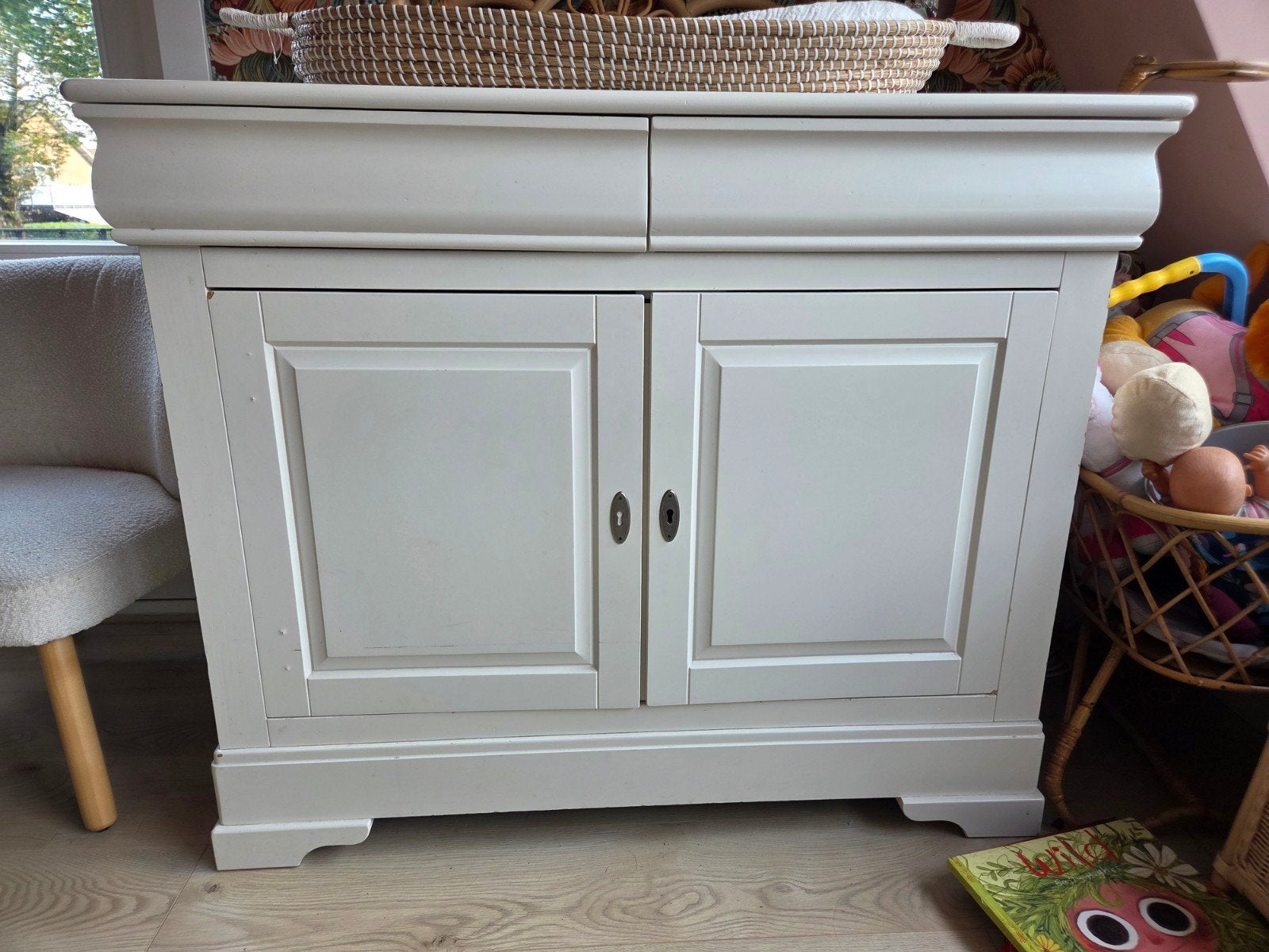 Crème brocante commode met lades en deuren, landelijke stijl, Ophalen, Gebruikt, 90 tot 105 cm
