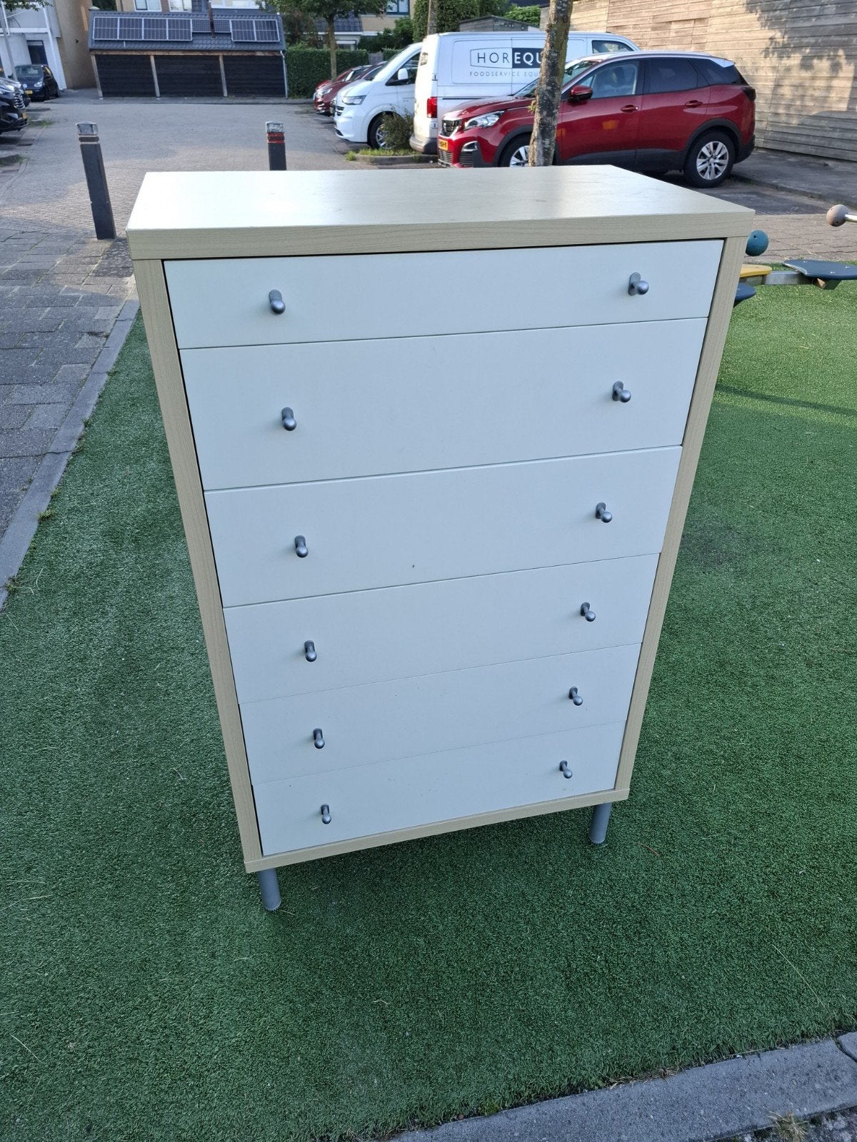 Ikea Magiker stevige ladekast 6 lades hout wit beige, Ophalen, 5 laden of meer, 100 tot 150 cm, 50 tot 100 cm
