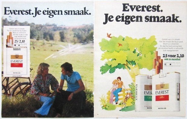 6 vintage advertenties reclames Everest sigaretten 1975-76, Ophalen of Verzenden, Gebruikt, Sigarenbandjes