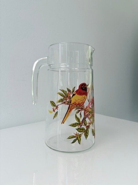 Vintage glazen kan met vogelmotief 1,2L, Kan, Overige merken, Vintage, Ophalen of Verzenden