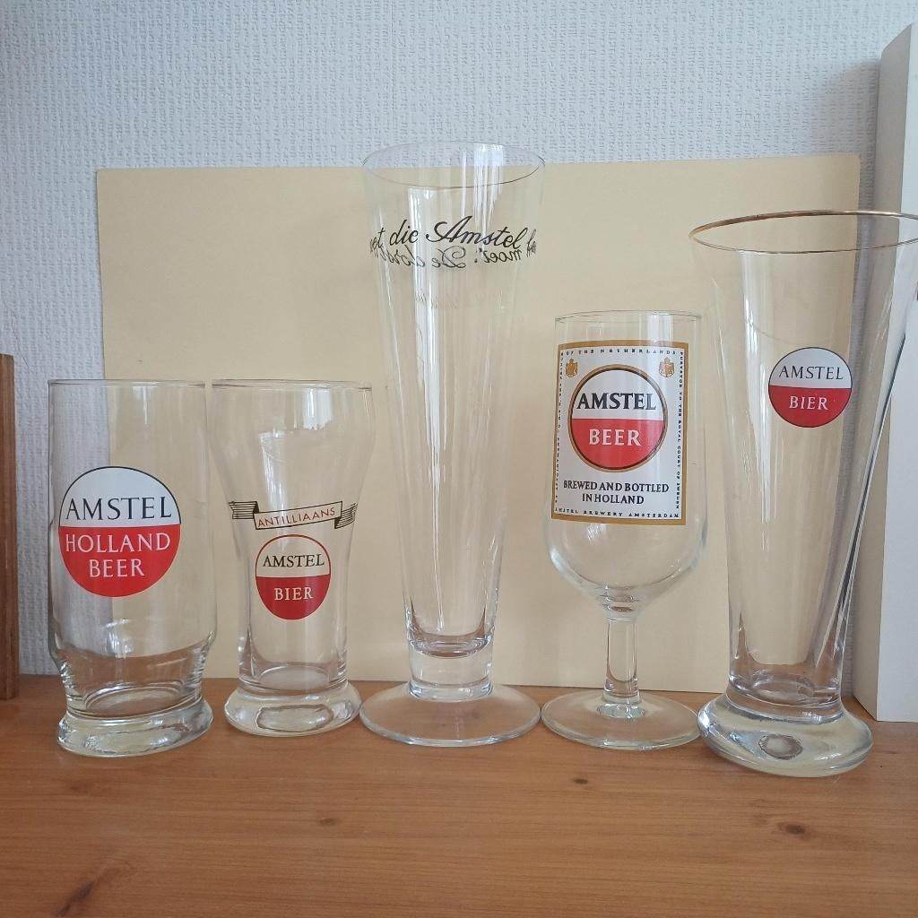 Amstel glazen 5 verschillende ouden glazen voor 15 euro, Ophalen of Verzenden, Zo goed als nieuw, Glas of Glazen, Amstel
