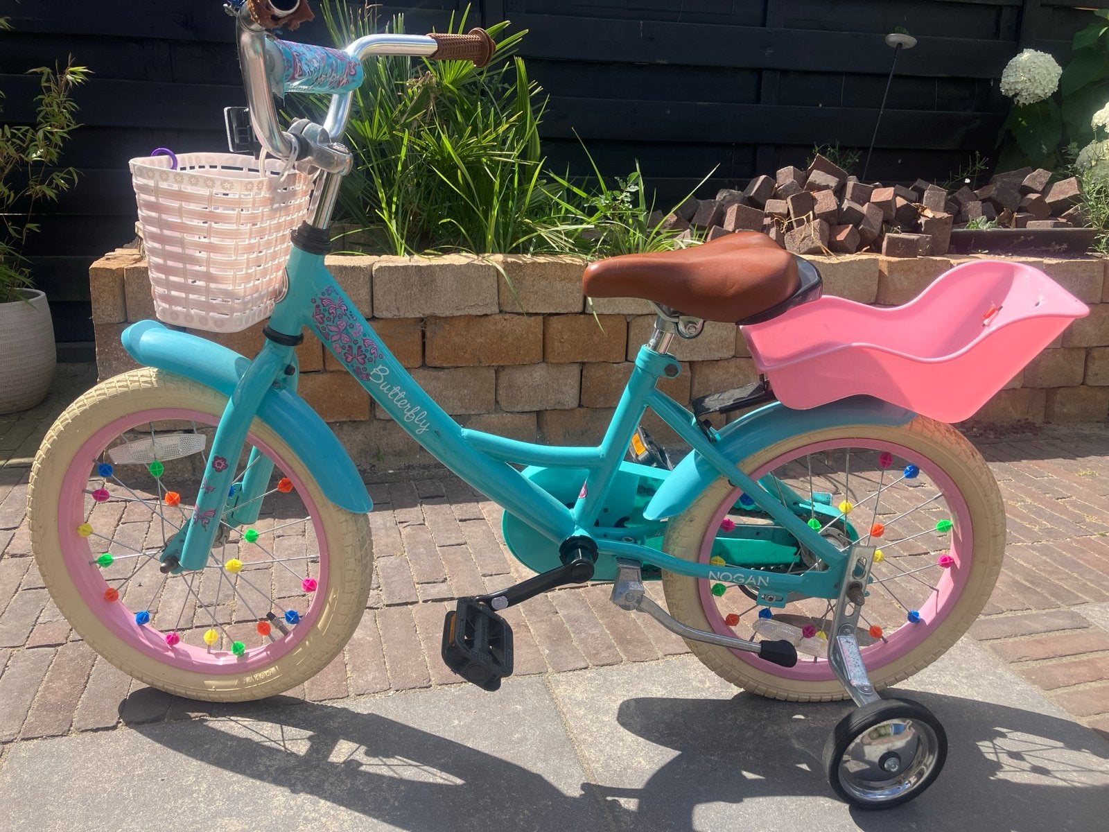 Nogan Butterfly Kinderfiets 16 inch met zijwieltjes, Ophalen, Terugtraprem, Zijwieltjes, 16 tot 20 inch