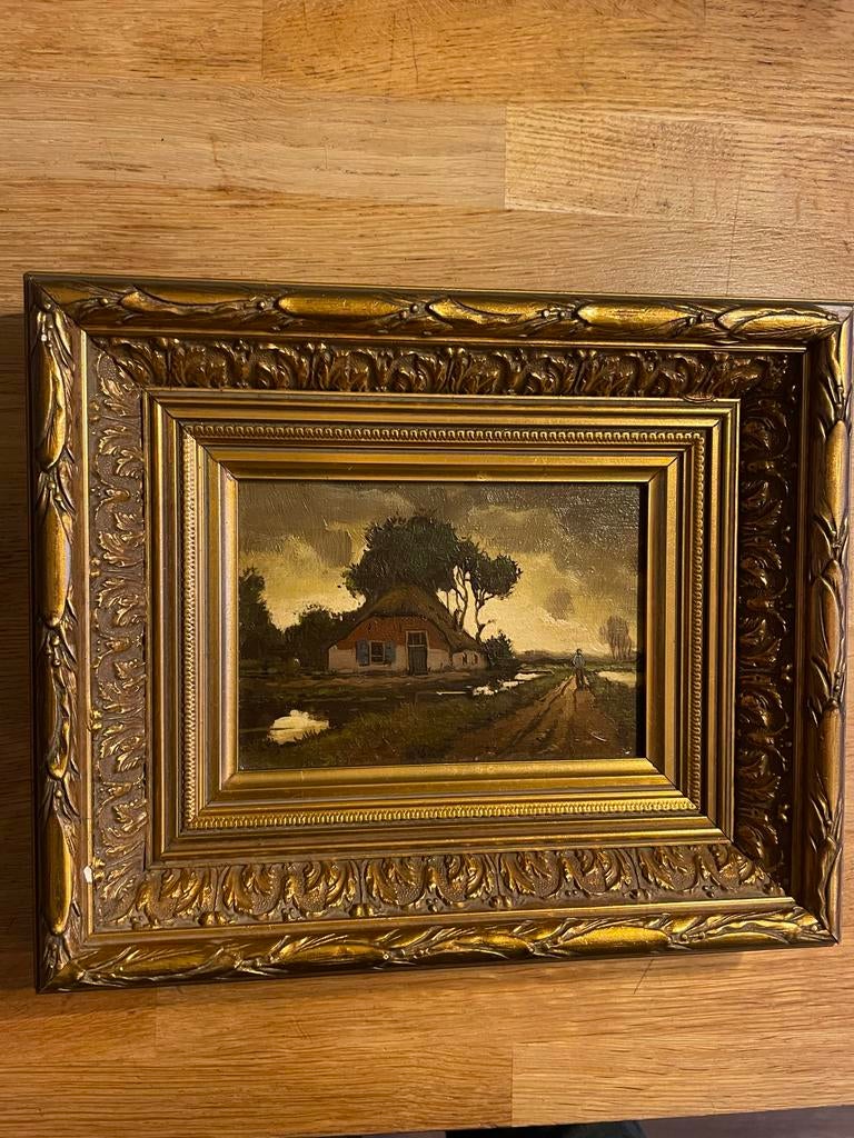Boerderijtje op hout geschilderd in vergulde lijst, Ophalen of Verzenden