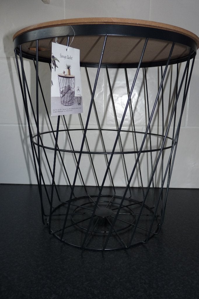 Nieuw opbergmand - bijzettafel ijzer + houten deksel 40x38cm, Minder dan 45 cm, Minder dan 55 cm, Metaal of Aluminium, Rond