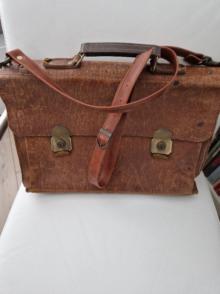 Vintage Schooltas, Ophalen, Bruin, Aktetas of Boekentas, Leer