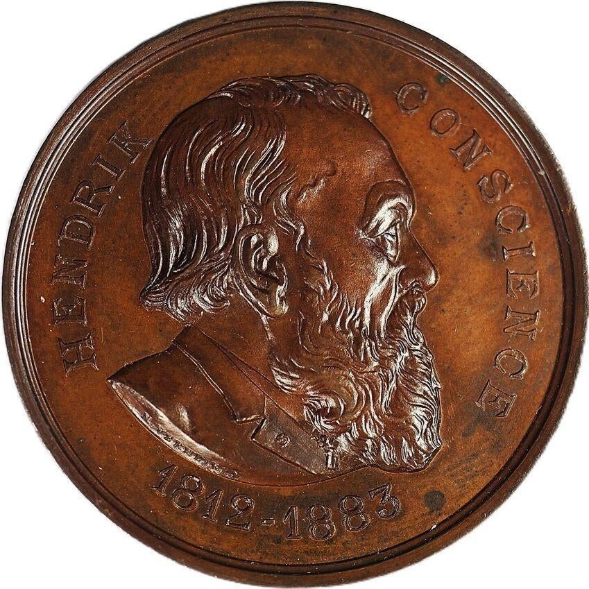 België penning Hendrik Conscience grafmonument 1886 EF, Ophalen of Verzenden, Brons, Buitenland