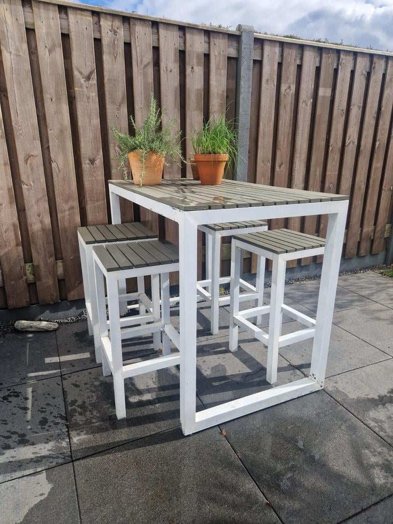Witte bartafel met krukken, Huis en Inrichting, Tafels | Eettafels, Overige houtsoorten, Gebruikt, 100 tot 150 cm, Vier personen