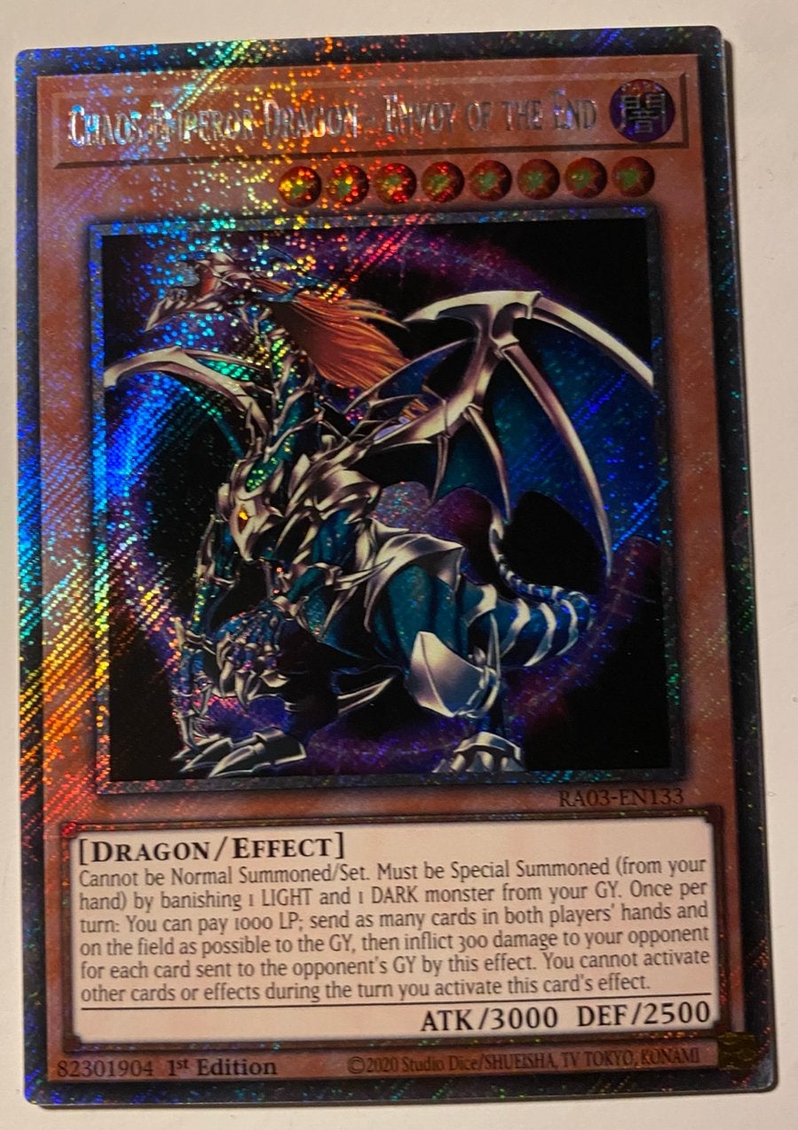 Yu-Gi-Oh! Chaos Emperor Dragon - Envoy RA03 1st edition !, Ophalen of Verzenden, Zo goed als nieuw, Losse kaart, Foil
