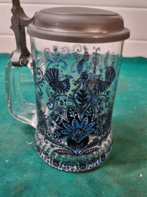 bierpul glas met tinnen deksel gedecoreerd vogels, Verzamelen, Ophalen of Verzenden, 'T Olde Gre-j, Info@toldegrej.nl, Endepoelstraat 20f Didam