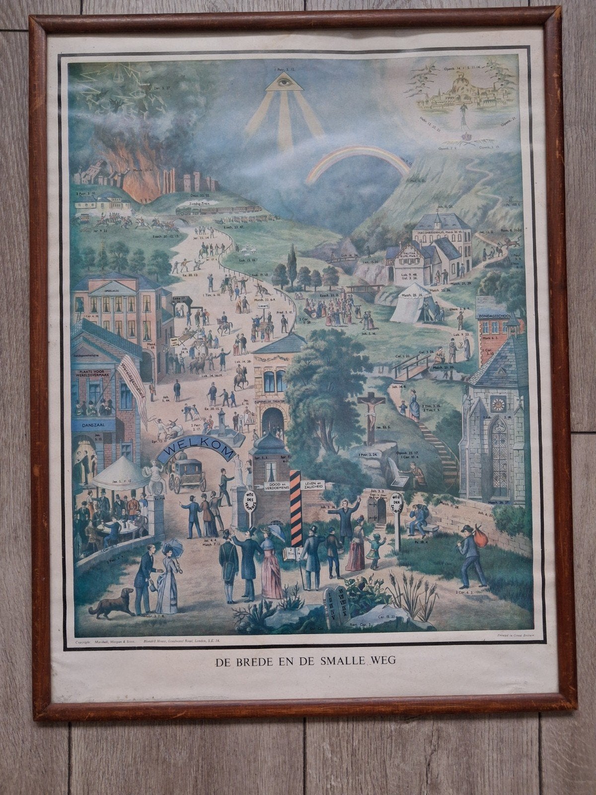 Antieke religieuze print: De Brede en de Smalle Weg(44x58cm), Ophalen of Verzenden, Geschiedenis