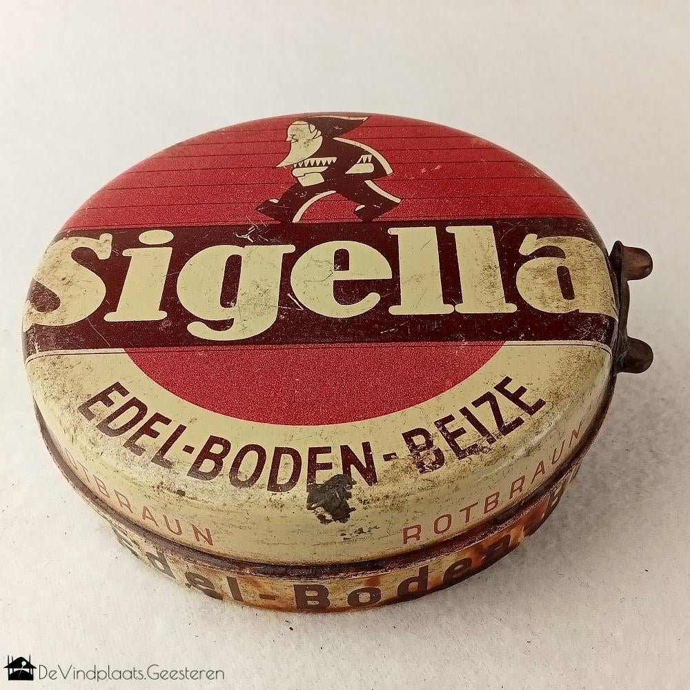 Oud blik met kabouter - Sigella Edel-Boden-Beize - vloerwas, Ophalen of Verzenden, Zo goed als nieuw, Overige, Overige merken