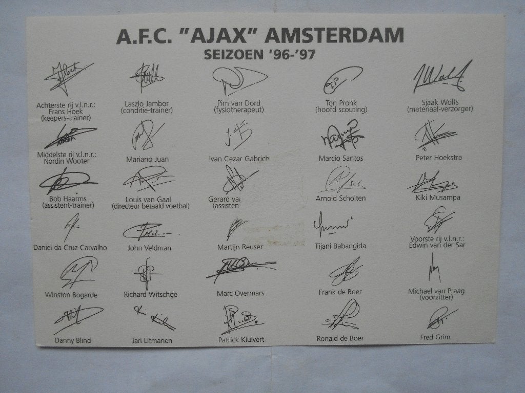 AFC Ajax Teamfoto's spelers foto's op ansichtkaart  '96-'97, Ophalen of Verzenden, Gebruikt, Ajax, Poster, Plaatje of Sticker