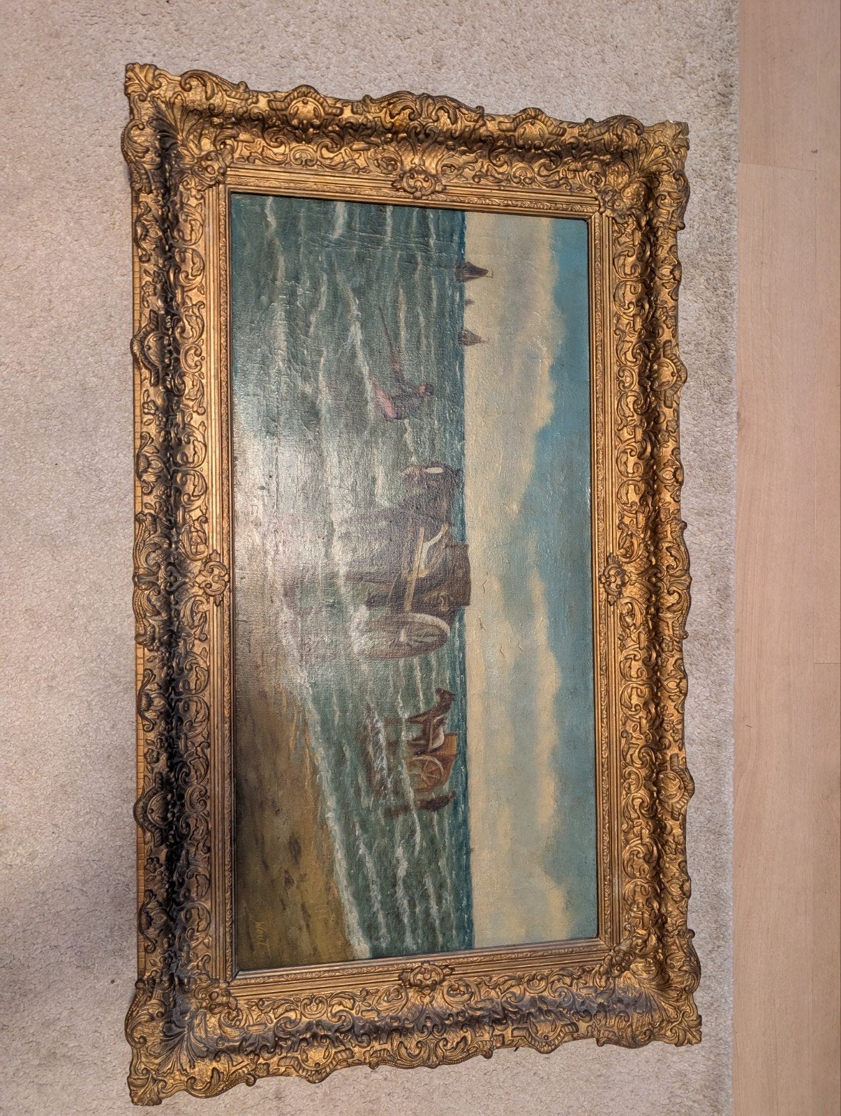 Olieverfschilderij: Vissers met paarden op het strand, Antiek en Kunst, Ophalen, Maritiem / water, Nederlandse school, Doek