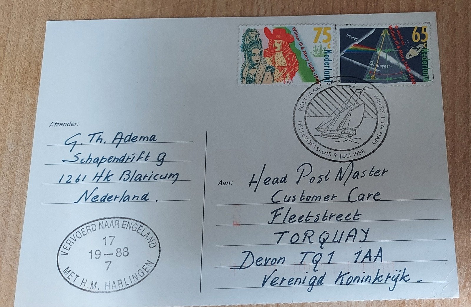 Unieke PTT Herdenkingskaart Willem III & Mary (1988) – Vloot, Ophalen of Verzenden, Beschreven, Nederland