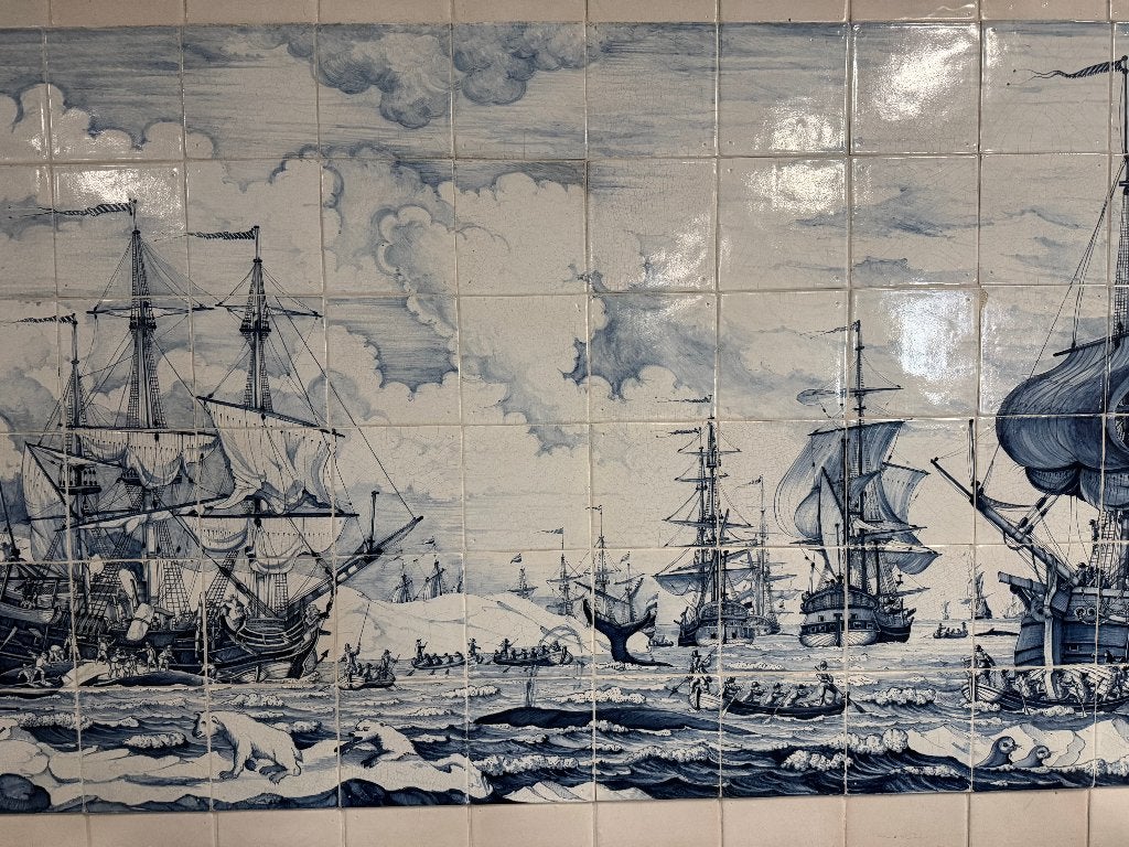 Reproductie tegeltableau walvisjacht voc schepen 143x78cm., Ophalen
