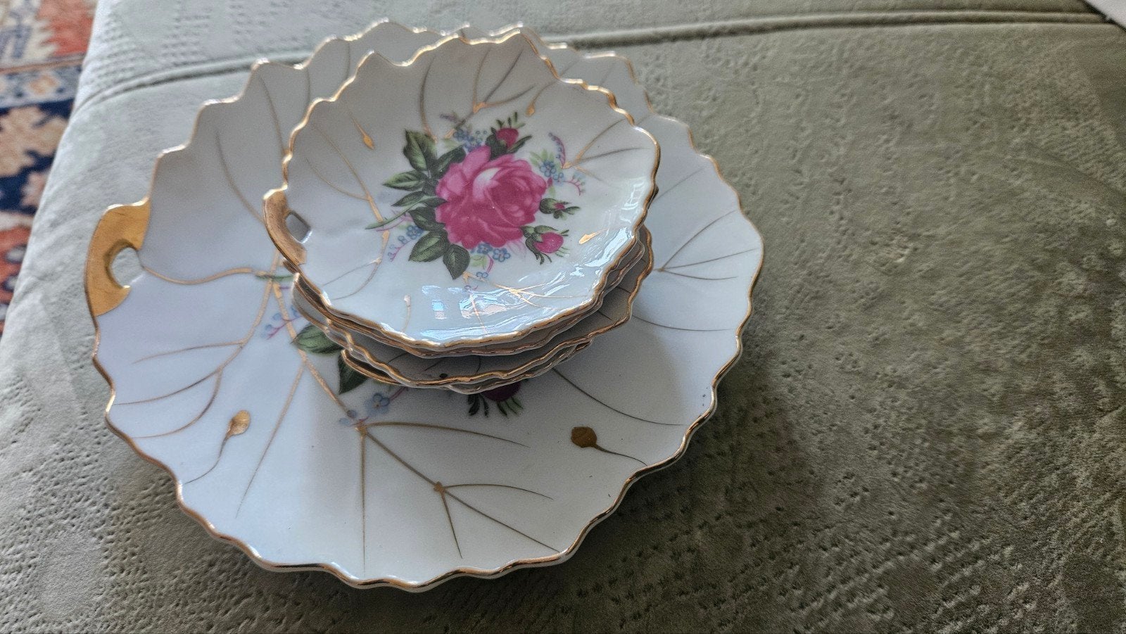 vintage 5 delig petit four set/ bonbon schaaltje met rozen, Ophalen of Verzenden, Zo goed als nieuw, Rond