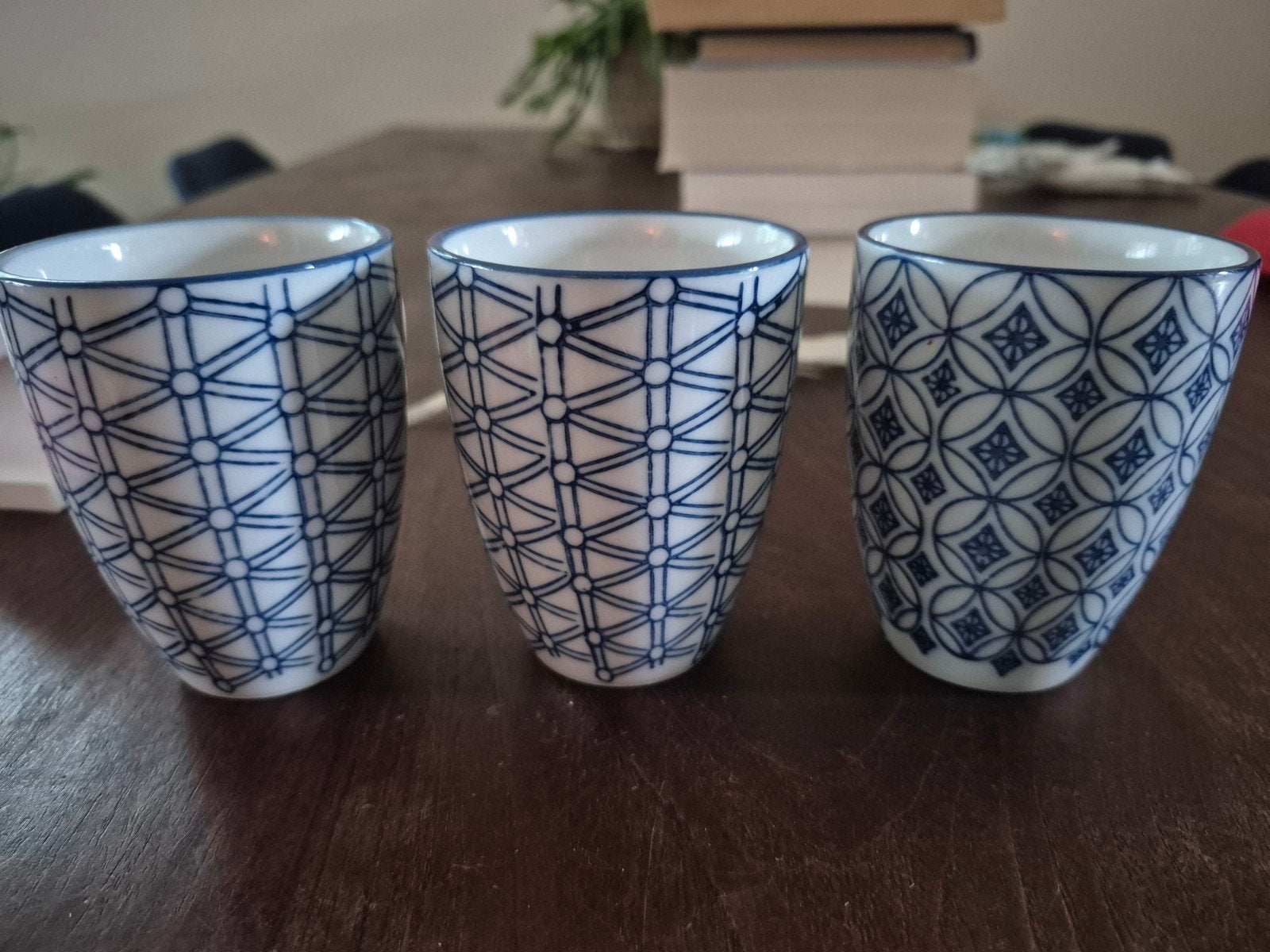 3 koffiekopjes keramiek wit met blauw, Ophalen of Verzenden, Gebruikt