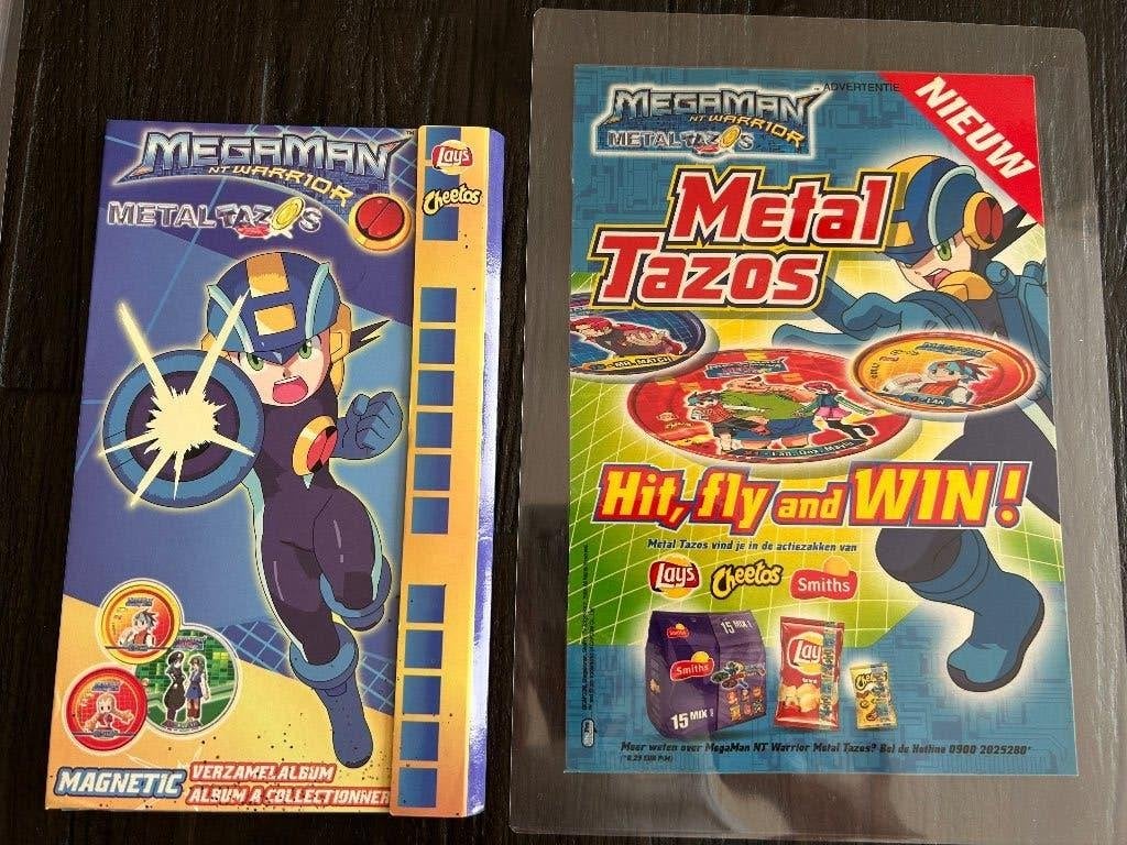 Verzamelalbum megaman metal tazos met oude reclame poster a4, Ophalen of Verzenden, Gebruikt, Overige onderwerpen, Button