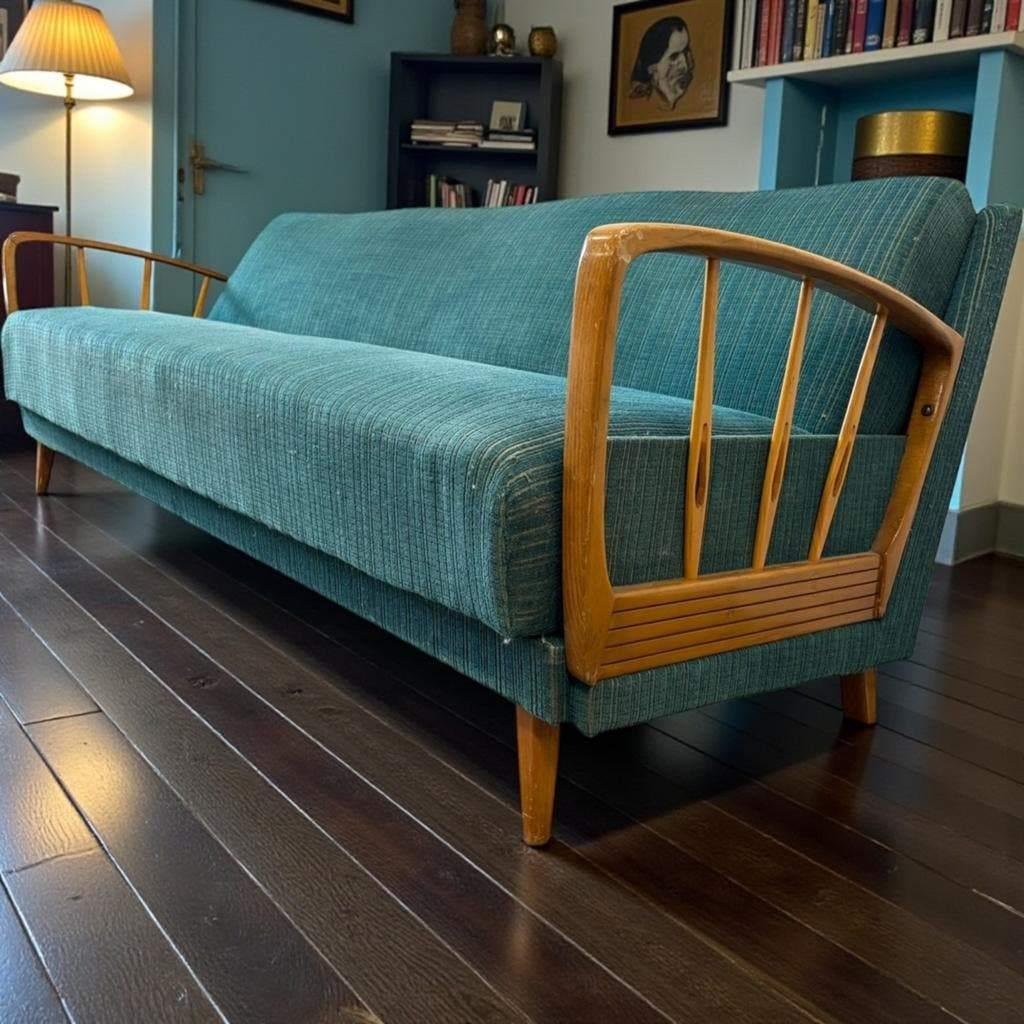 Vintage blauw/groene stoffen slaapbank / sofa / zetel, Ophalen, Gebruikt, Tweepersoons, Blauw
