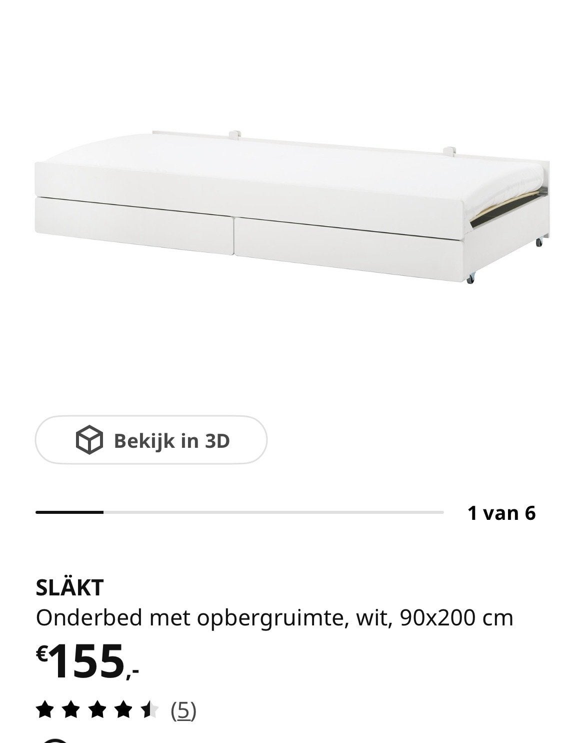 SLÄKT Onderbed met opbergruimte, wit, 90x200 cm, Ophalen, 90 cm, Eenpersoons, Wit