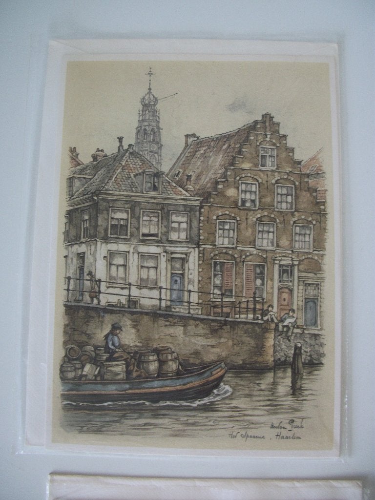 Anton Pieck Kerstkaart - Vintage - Haarlem, Het Spaarne, Ophalen of Verzenden, 1960 tot 1980, Ongelopen, Stad of Dorp