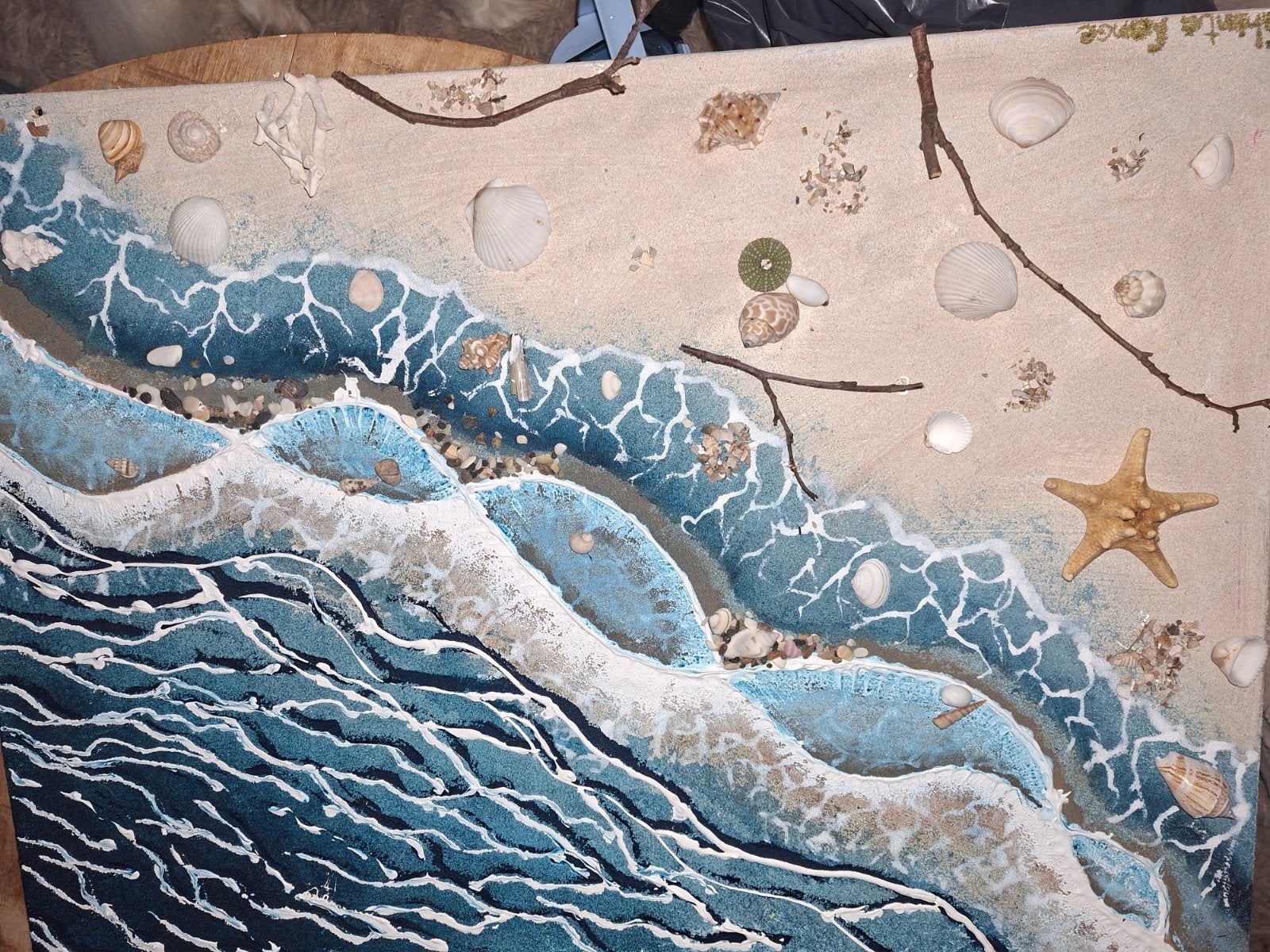 Uniek 50x70 strand schilderij met echt zand en schelpen, 3D-effect, Gemengde techniek, Overige materialen, Landschap