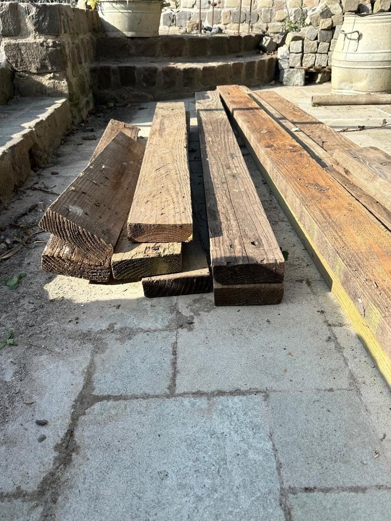 Partij Douglas houten balken en planken, Ophalen, Gebruikt, 250 tot 300 cm, 50 mm of meer