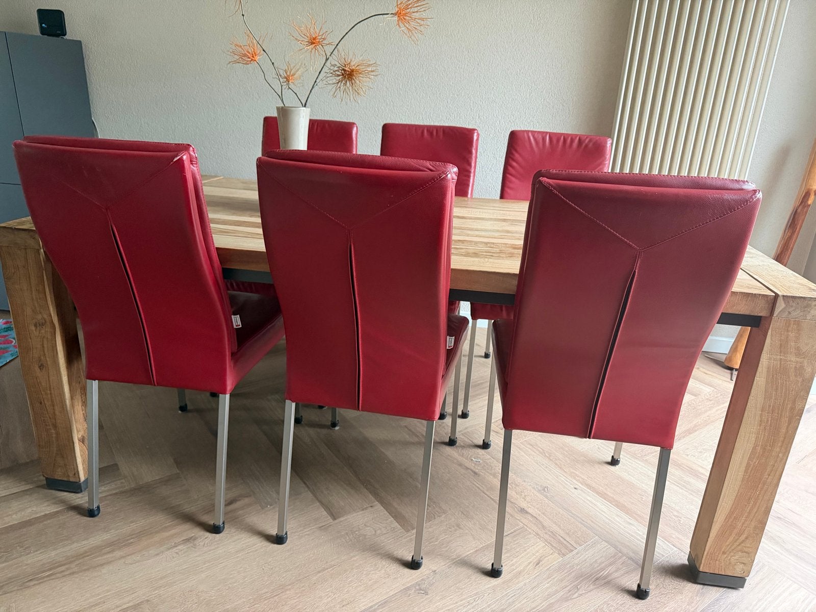 Teakhouten eettafel met leren stoelen (MOVANI), Ophalen, Gebruikt, Teakhout, 50 tot 100 cm