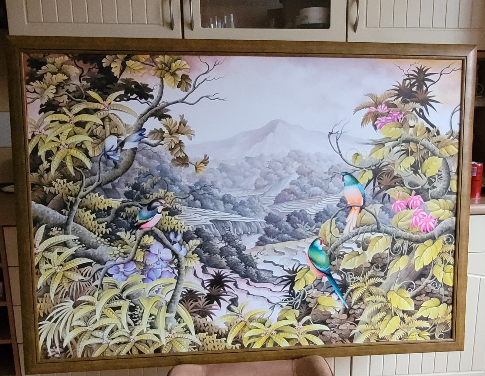 groot Indonesisch landschap schilderij Bieden., Ophalen