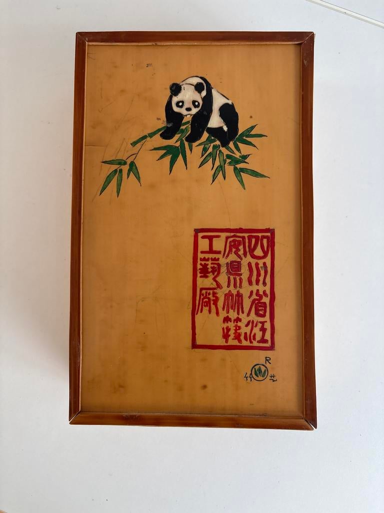 Vintage mah jong bamboe doos met panda decoratie, Ophalen of Verzenden